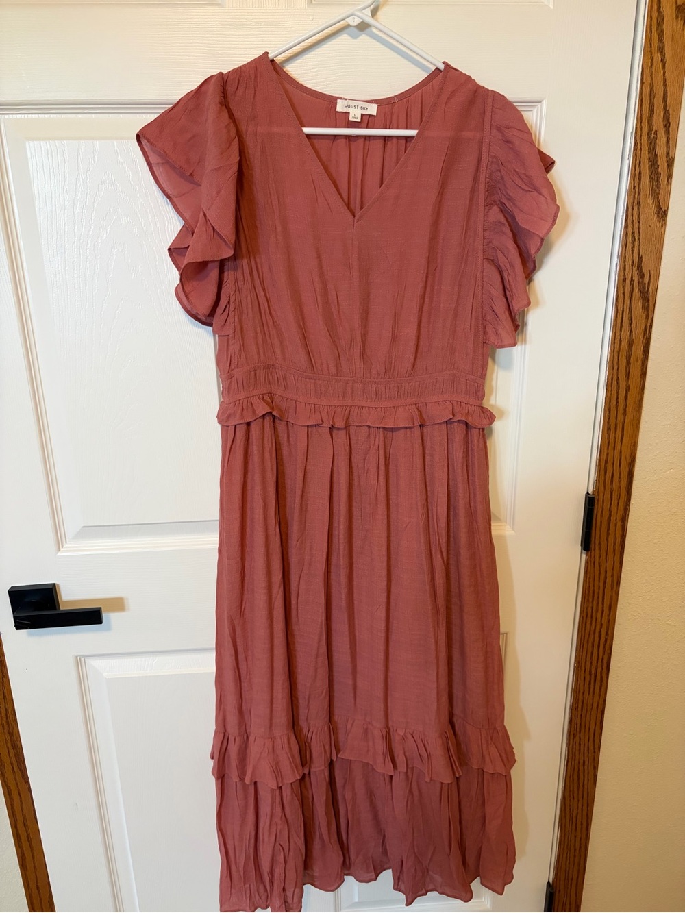 Flutter-Sleeve Ruffle Midi Dress in Dusty Rose